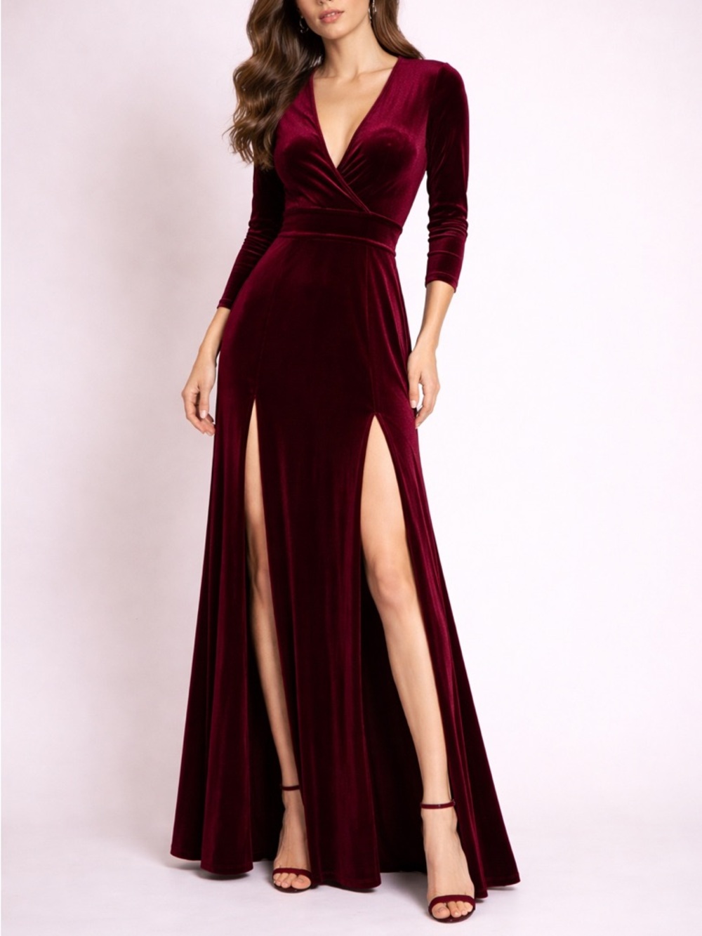 bebe Long Sleeve Velvet Wrap Maxi Dress in Burgundy